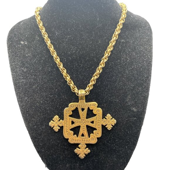 Vintage Ethiopian Coptic Cross Pendant Necklace Reversible Gold Tone 24" - Picture 2 of 9
